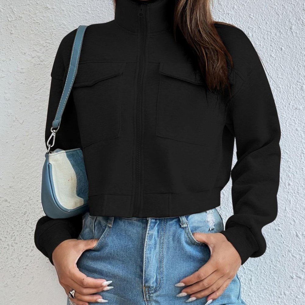 Black Casual Womens Zip Up Flap Pocket Sweatshirt - Picture 4 of 5